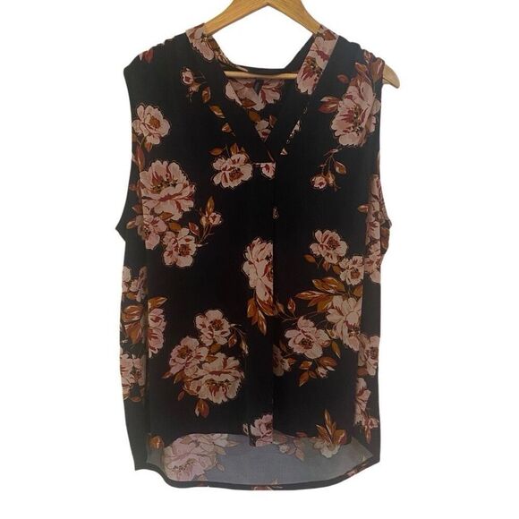 Massini plus size 2X sleeveless black red floral print pleated shoulder womens b - Picture 1 of 7